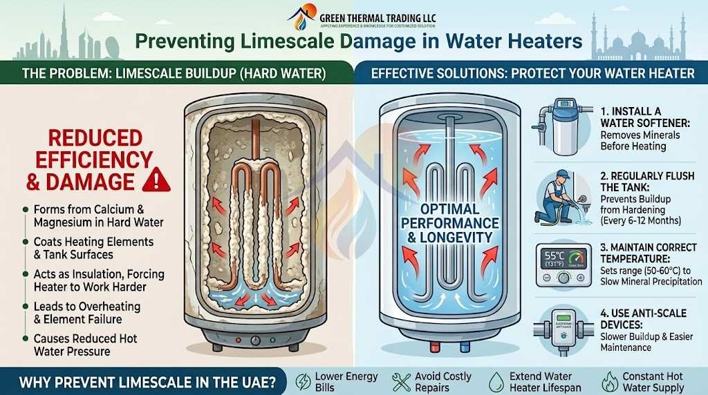 Limescale Damage in Water Heaters is a preventable problem that can save you thousands of dirhams in repair and replacement costs when addressed early. By installing a water softener, flushing the tank regularly, maintaining the correct temperature, and scheduling professional maintenance, you can protect your water heater from mineral buildup and ensure reliable hot water for years to come